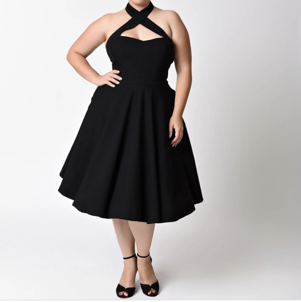 Unique vintage black halter dress L